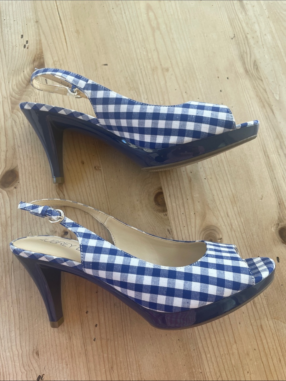 Aubrey Lynn Blue Gingham Slingback Peep-Toe Flats with Blue 3” Heel